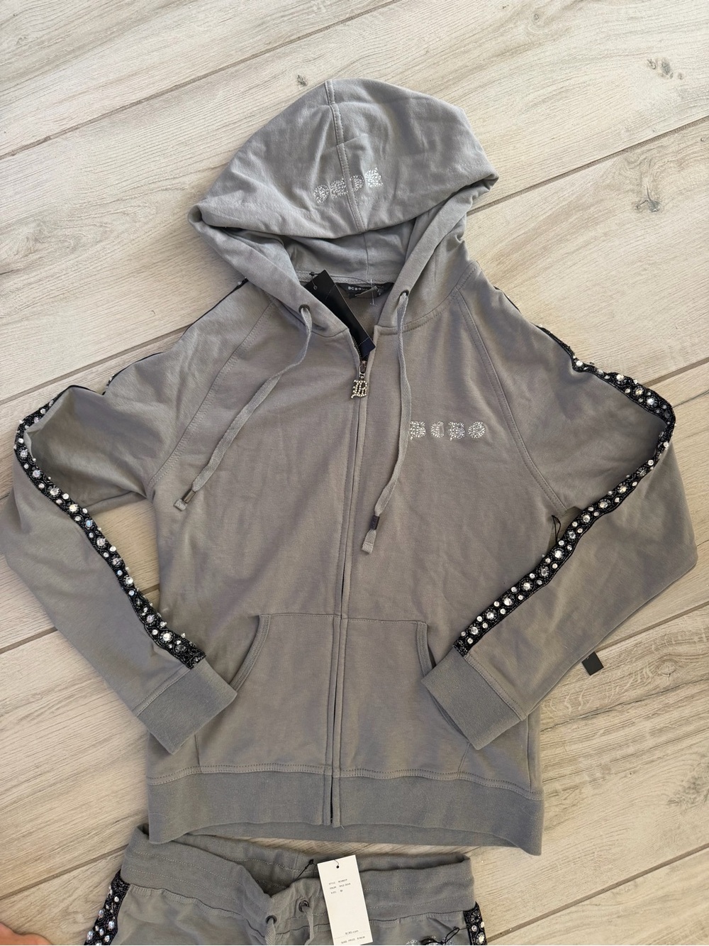 BCBGMaxAzria Wild Dove Light Gray Crystal-Charm Zip Hoodie & sweats 2 piece set